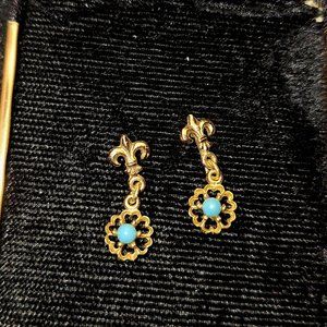Vintage Unique Pierced Gold And Turquoise Earrings